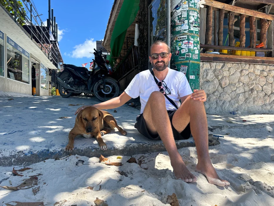 A dog asleep across the middle of Walking Street, Koh Lipe — the island's main pedestrian strip, no scooters in sight